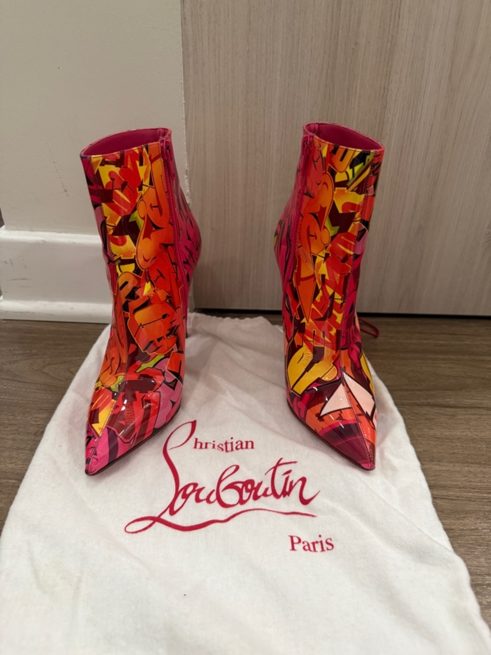 Christian Louboutin Pink, Orange & Yellow Graphic Pointed Ankle Boots